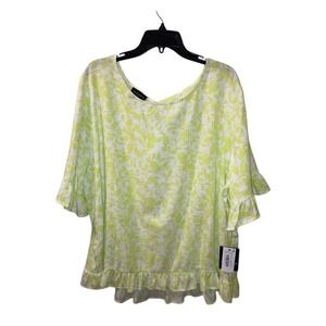 I.N. Studio Floral Blouse 3X Top Ruffle Bell Sleeves Linen Blend NWT Green White